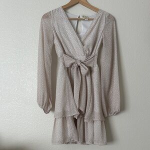 Women's Light Beige Tie-Waist Tiered Mini Dress